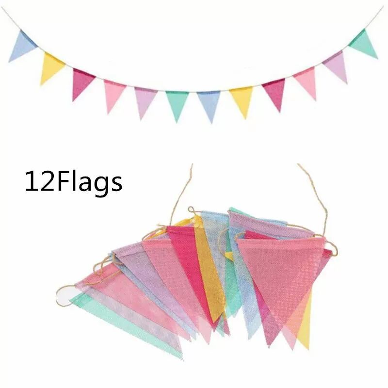 12 Flags Colorful Jute Linen Flags Pennant Birthday Bunting