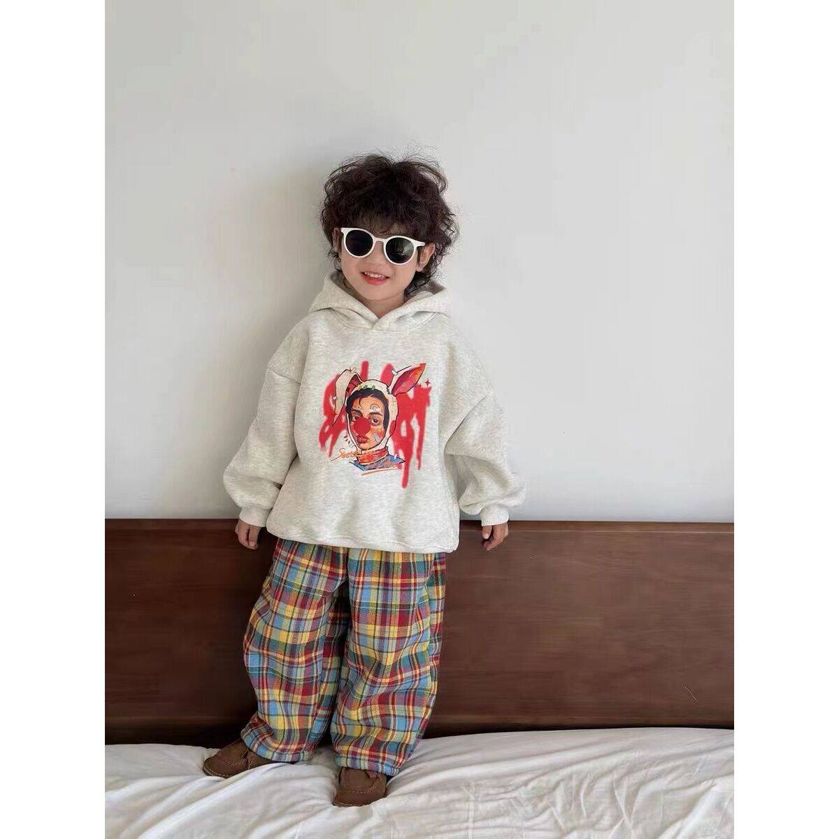 新品男童加绒套装冬季男孩过年拜年服小丑外套卫衣儿童宝宝格子裤