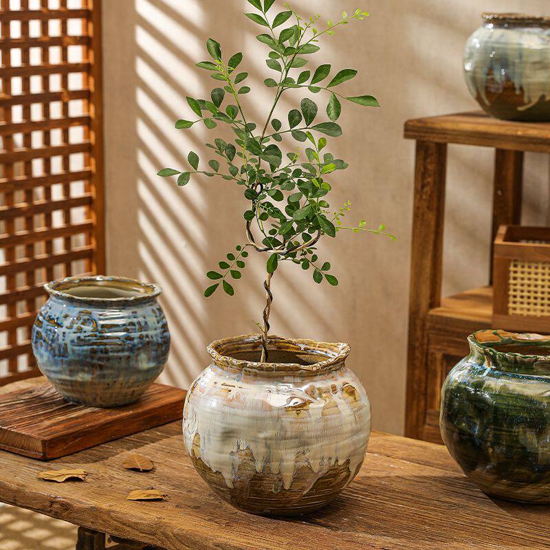 景德镇陶瓷花盆家用手工简约中式古典复古流釉花器绿植盆栽专用盆