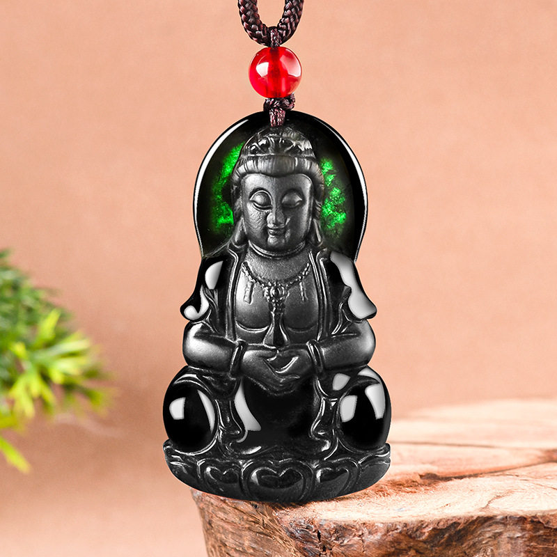 天然墨翠A货翡翠墨玉净瓶观音冰种玉石吊坠佛像男士挂件玉器