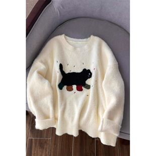 奶呼呼软糯仿水貂绒白色毛衣女秋冬宽松慵懒小猫刺绣针织套头上衣