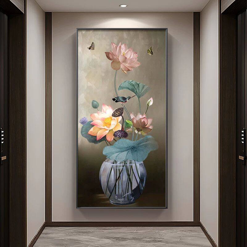 手绘油画入户玄关装饰画竖版新中式客厅轻奢高级感挂画荷花九鱼图,家居饰品,油画,淘宝优惠券,粉丝福利购,淘宝优惠卷