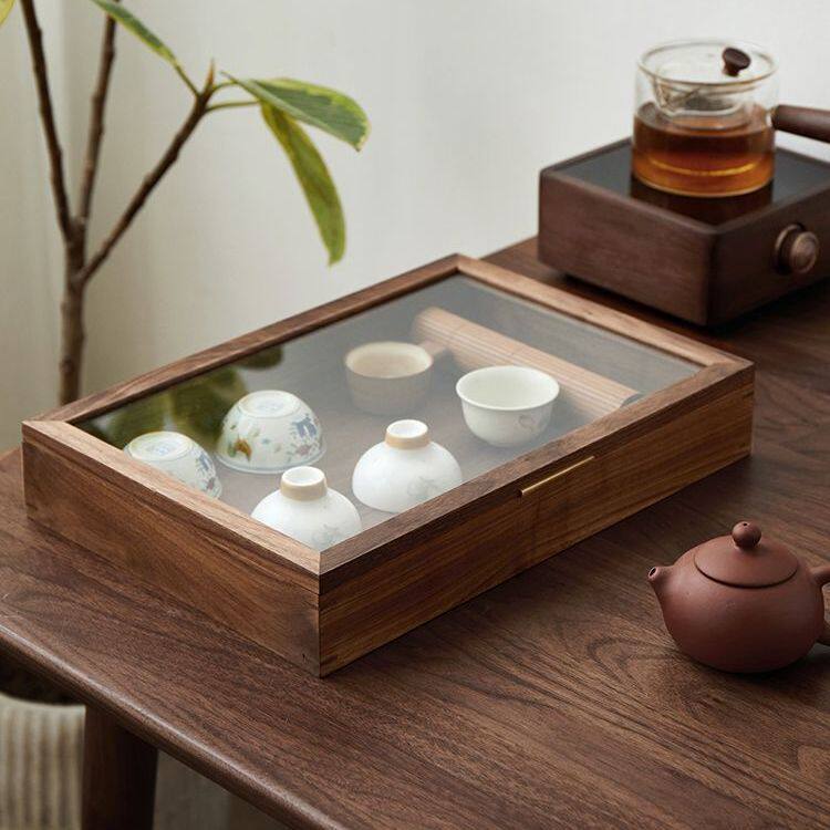 黑胡桃木桌面收纳盒防尘透明玻璃展示盒家用日式茶杯标本陈列盒
