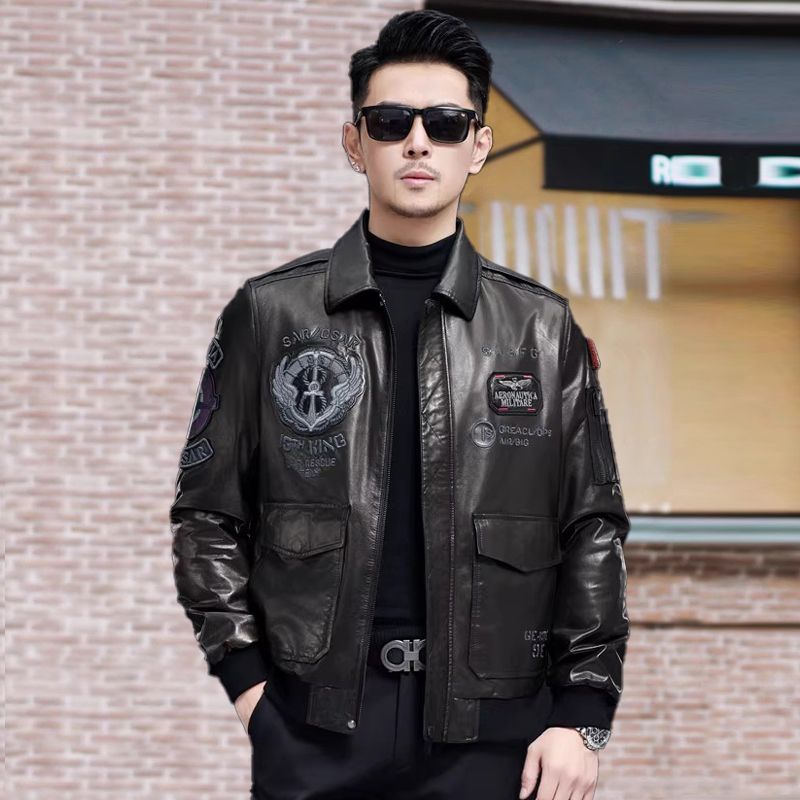 海宁真皮皮衣男复古刺绣机车皮夹克头层山羊皮翻领短款飞行服外套