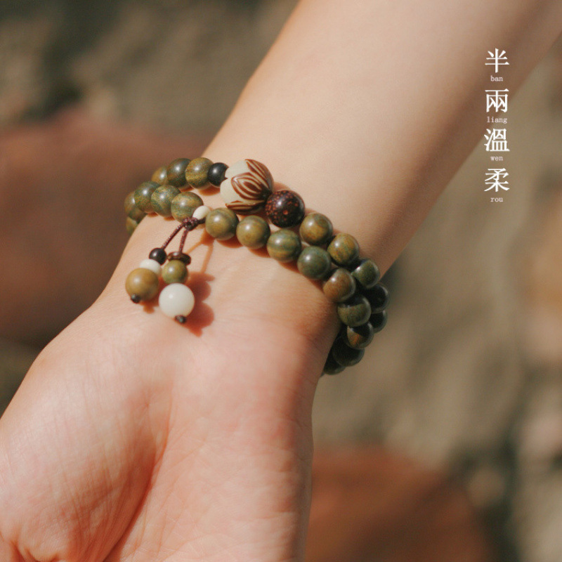 半两温柔天然绿檀手串女森系学生手链情侣佛珠手串檀香