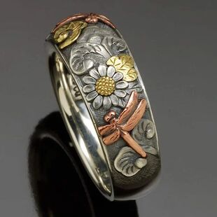 Rose Sunflowe Vintage and Carved Dragonfly Color Silver Gold