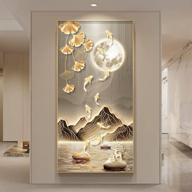 九鱼图入户玄关装饰画现代轻奢银杏叶走廊挂画高级感山水过道壁画,家居饰品,现代装饰画,淘宝优惠券,粉丝福利购,淘宝优惠卷