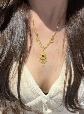中国风水滴项链泪珠设计复古镶钻精致流苏小众高级轻奢吊坠