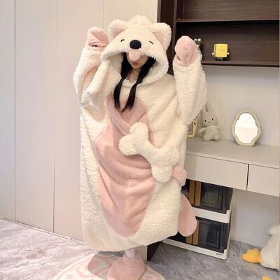 一体式连衣睡衣秋冬季睡裙女加厚珊瑚绒卡通特大码法兰绒长款一体