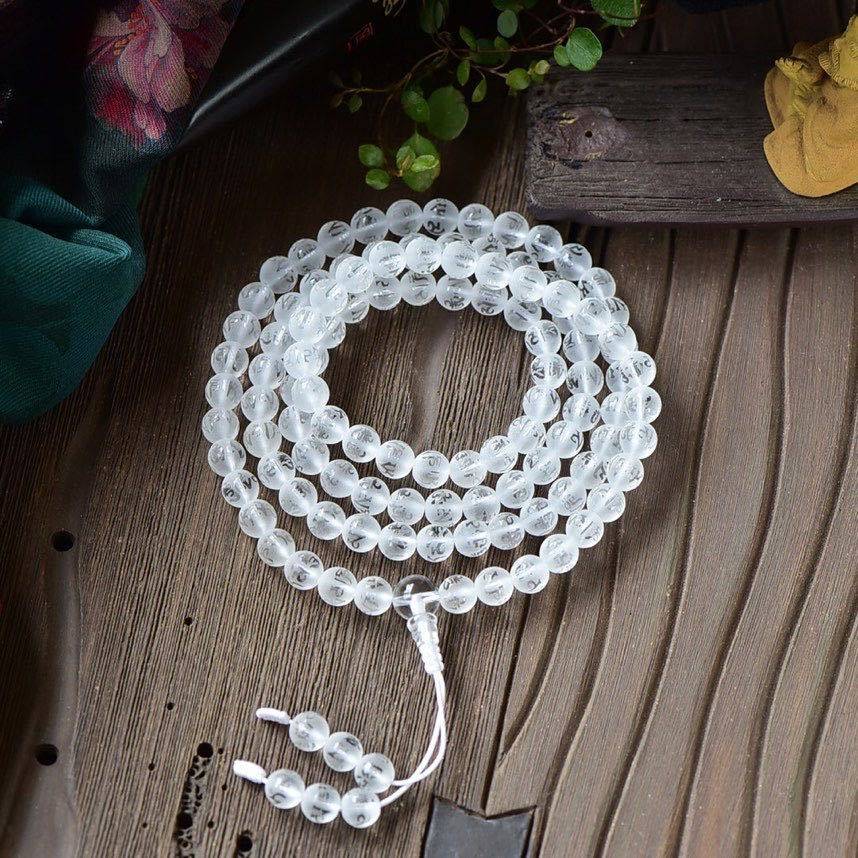 天然白水晶磨砂六字箴言108佛珠手链 佛男女念珠项链车挂饰