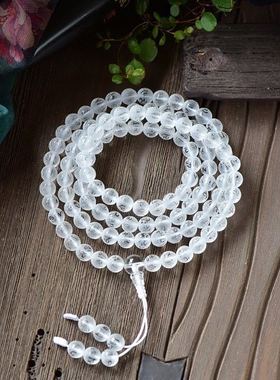 天然白水晶磨砂六字箴言108佛珠手链 佛男女念珠项链车挂饰