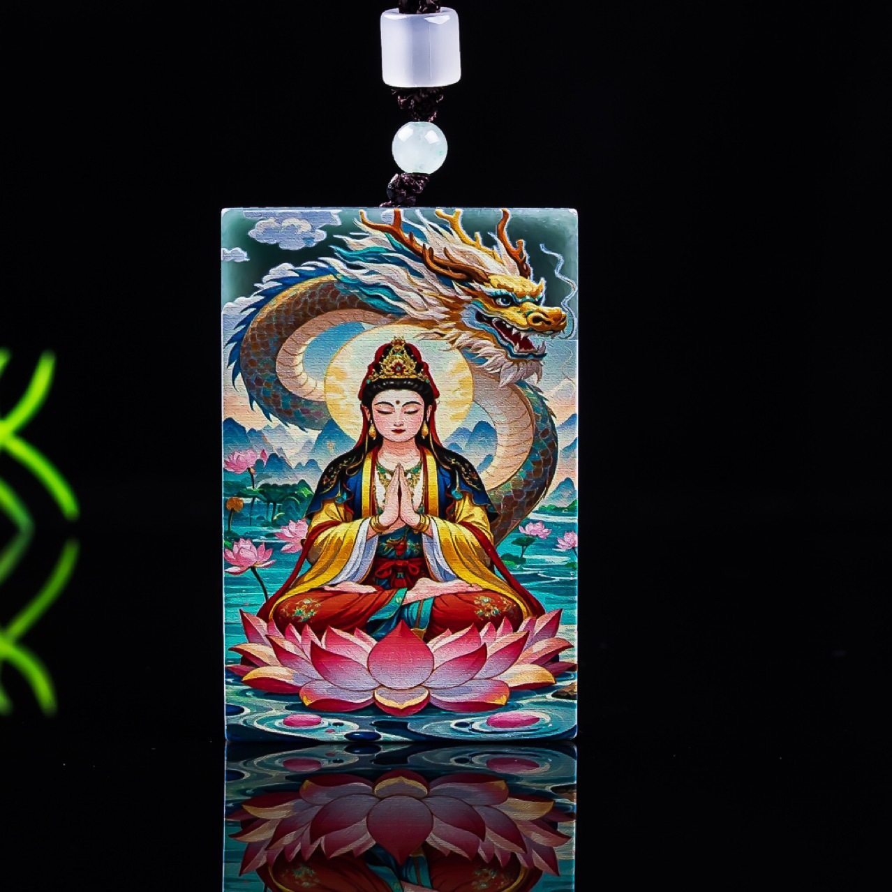 天然A货翡翠观音牌精工超清喷绘高冰种老玉石吊坠挂件玉佩