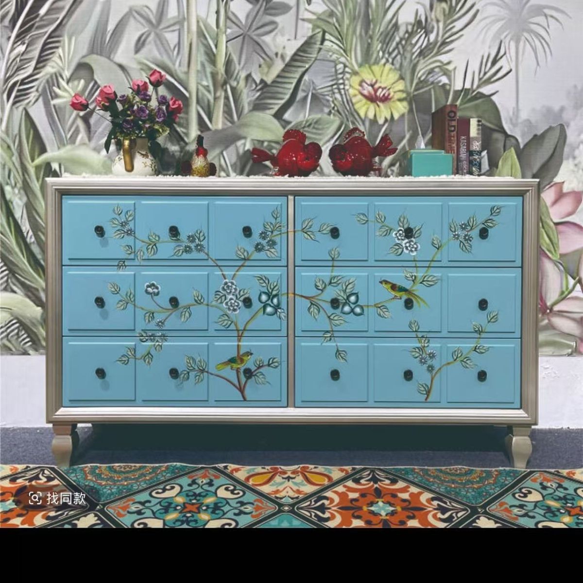 中古风彩绘斗柜实木玄关柜卧室餐客门厅三抽屉储物边柜床尾五斗柜