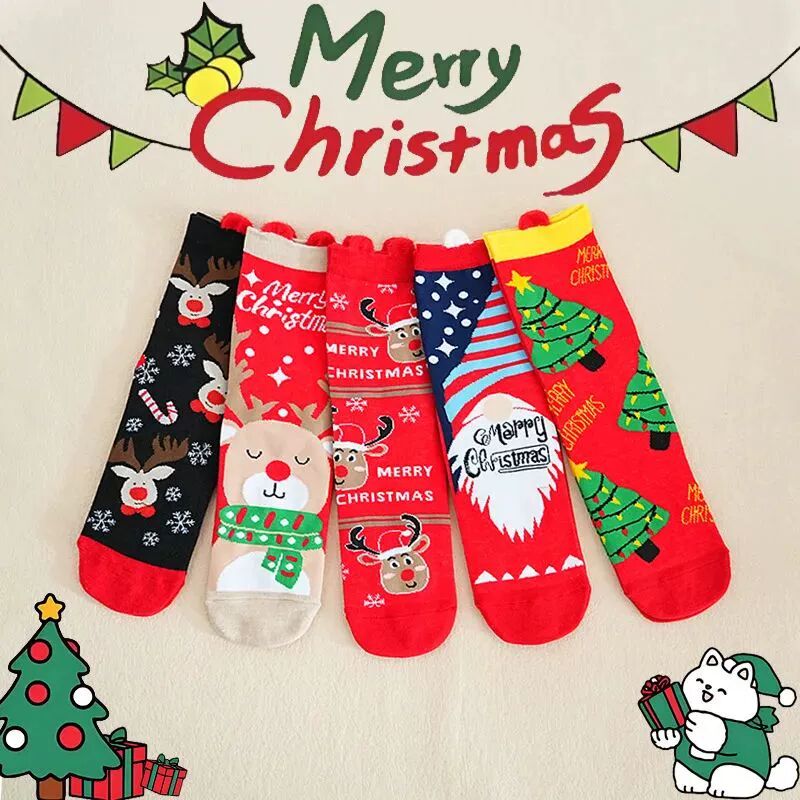 5 Pairs Christmas Socks For Woman Santa Claus snowman Christ