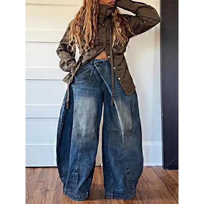 Women's Retro High Waist Wide Leg Jeans Cross Asymmetric