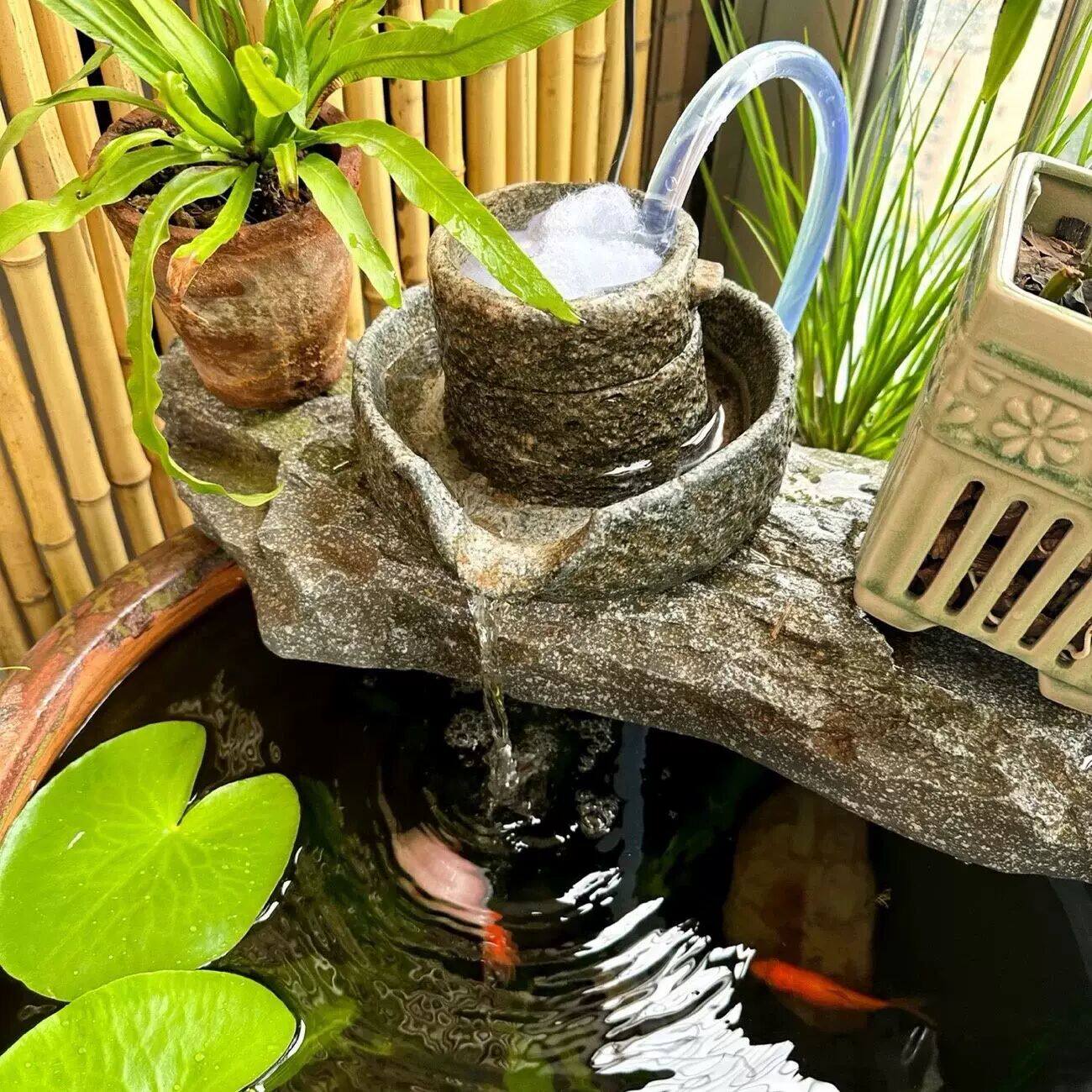 缸盆养鱼流水摆件招财流水摆件客厅水循环-小石磨水培庭院茶古法