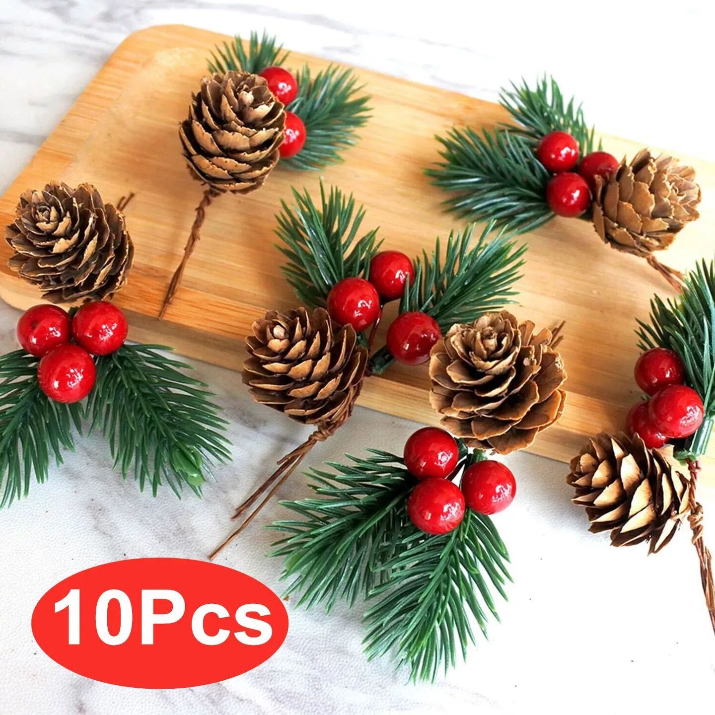 10Pcs Christmas Pine Cone Artificial Red Berry Picks Faux Pi