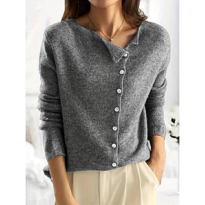 Women's Plain Button Front Cable Knit Sweater Casual Long