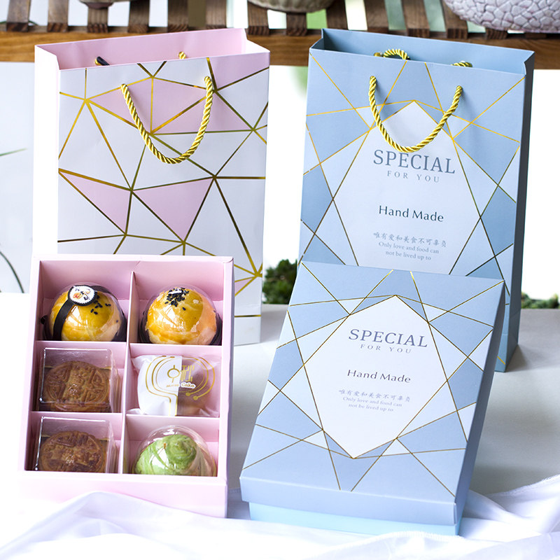 中秋月饼蛋黄酥包装盒 粉蓝色4/6粒冰皮广式手提礼品盒礼盒盒子袋