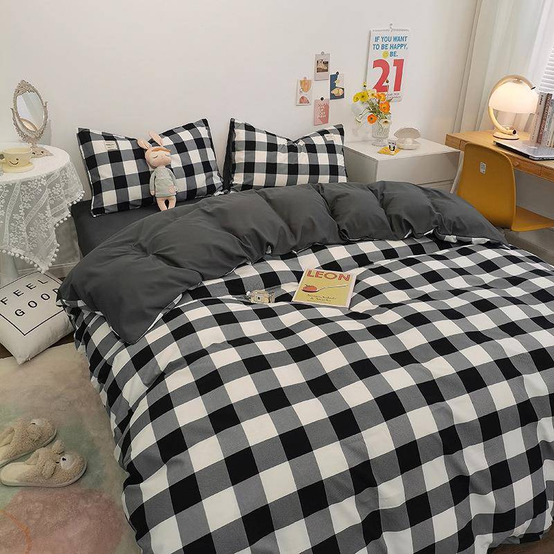 日系简约风格子磨毛水洗棉四件套云朵棉床单床笠枕套款单品三件套