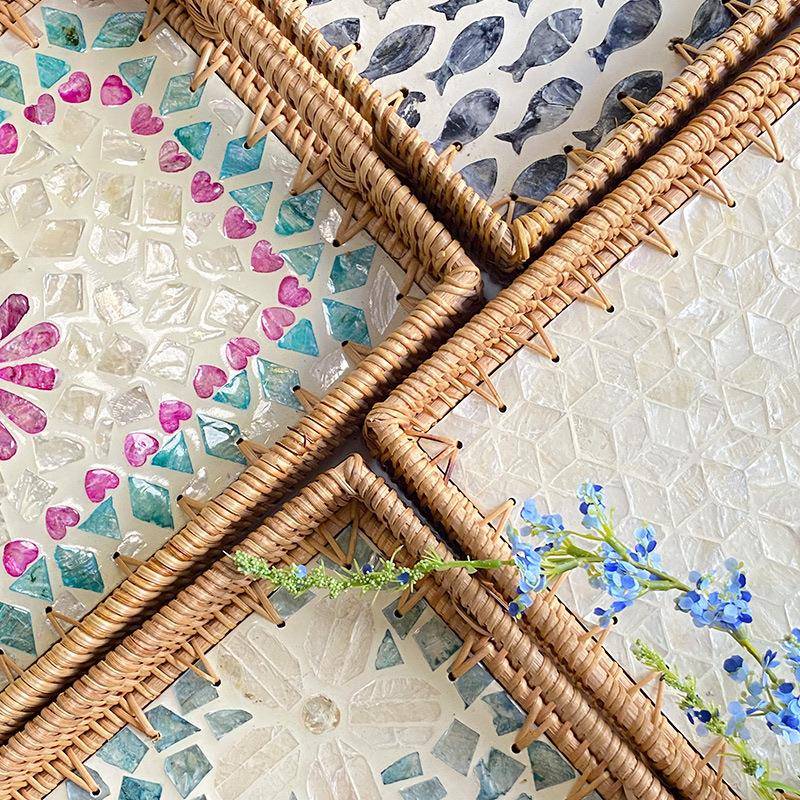 藤编贝壳彩色收纳方形家用客厅轻奢高级灰果篮糖果餐厅百合花托盘