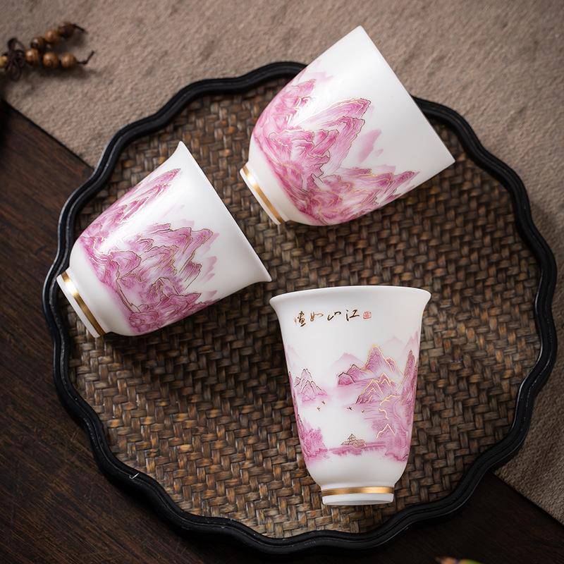 素烧羊脂玉瓷江山如画茶杯陶瓷个人专用喝茶品茗杯单杯茶盏主人杯