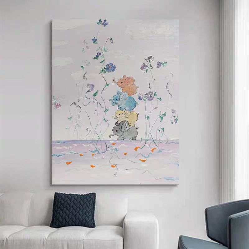 吉祥小象纯手绘油画奶油风立体肌理画玄关装饰画过道卧室挂画