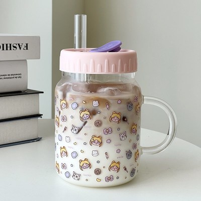 带刻度耐高温玻璃杯网红女生喝水杯大容量带把手牛奶果汁吸管杯子