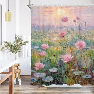 莫奈睡莲浴帘加厚防水防霉浴室卫生间帘子免打孔洗澡淋浴干湿分离