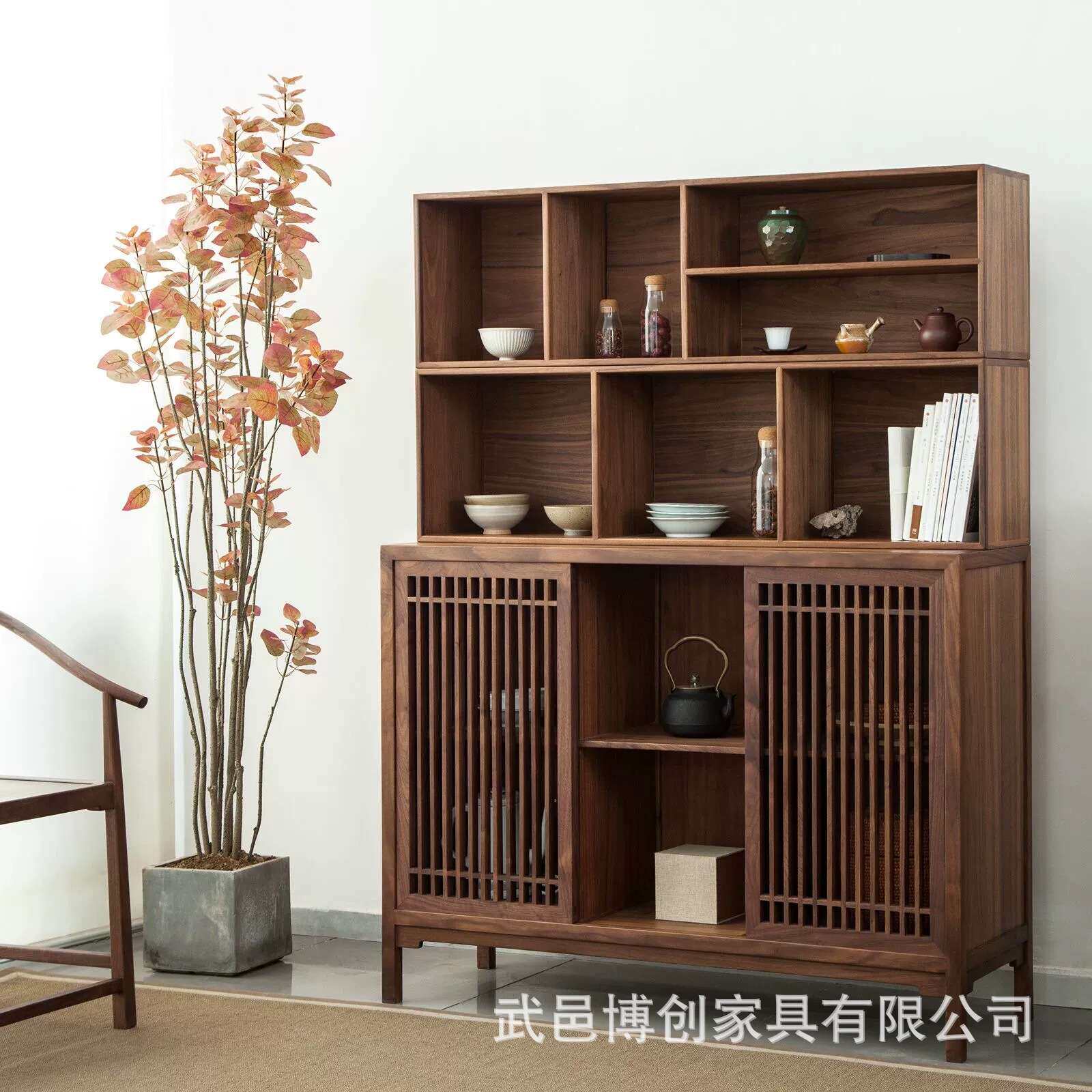 新中式实木餐边柜北美黑胡桃茶柜收纳柜茶柜储物柜客厅柜边柜家具