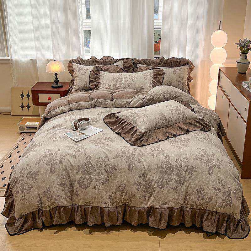 法式复古冬季亚麻原麻复古风四件套少女荷叶边被套加厚保暖床品