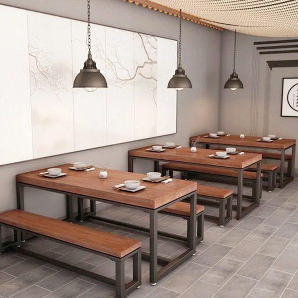 铁艺实木长条餐桌食堂餐馆餐厅商用长桌长凳咖啡馆面馆椅组合民宿
