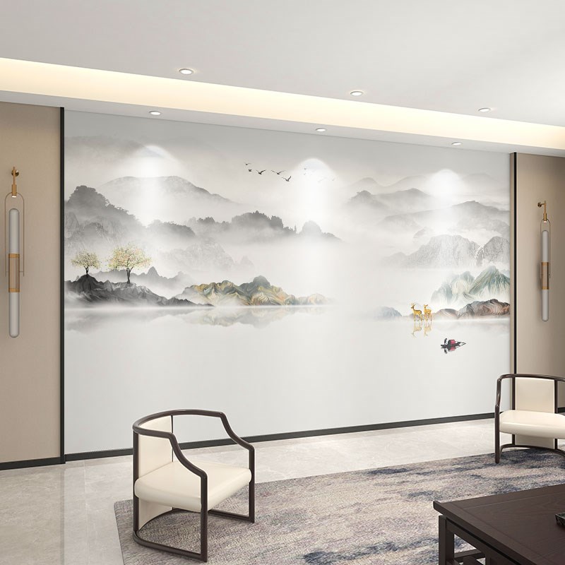 墙纸定制3d立体中式山水电视背景墙壁布油画壁纸T客厅装饰墙布壁
