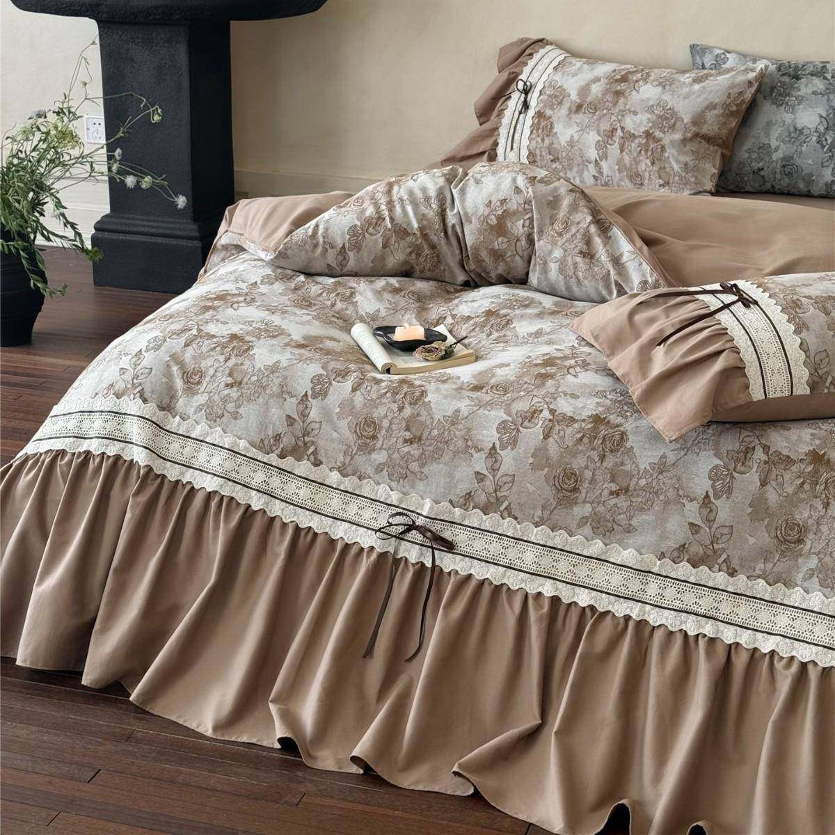 浪漫法式提花打褶花边全棉保暖床品秋冬季纯棉磨毛四件套家纺墨兰