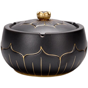 中式荷花烟灰缸陶瓷带盖防风飞灰创意个性超大办公室家用烟缸礼品