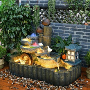 室外落地水循环鱼池水景花园庭院假山流水田园风格 景观床和早餐景