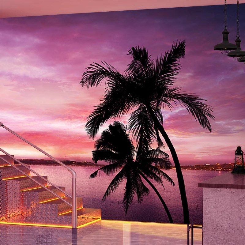 夏威夷海滩海边风景壁纸东南亚椰子树壁画海景装饰露营风背景墙纸,家装主材,定制壁画,淘宝优惠券,粉丝福利购,淘宝优惠卷