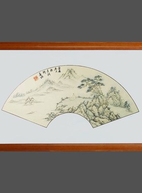 手绘国画装饰扇形山水宣纸卡纸实木框古典J中式仿明清挂画合76270
