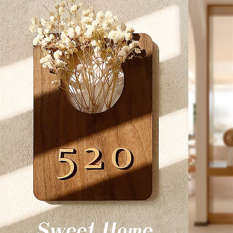 插花门牌号号码牌家用实木数字高级感定制创意入户门装饰订制户外