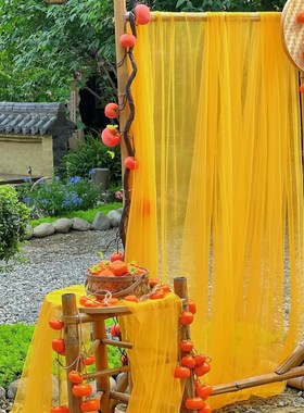 橙色美拉德系纱幔网纱布料幼儿园自然角秋季氛围感装饰晒秋收背景