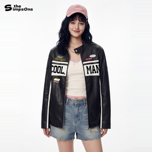 辛普森一家美式 春黑白色赛车夹克女痞帅高级感 机车服皮衣外套男款
