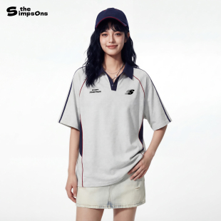 情侣装 辛普森一家短袖 T恤女学院风卡通字母刺绣撞色条纹T恤polo衫