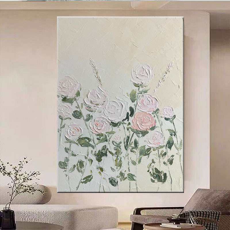 手绘油画粉色玫瑰花客厅玄关装饰画奶油风轻奢立体肌理画卧室餐厅