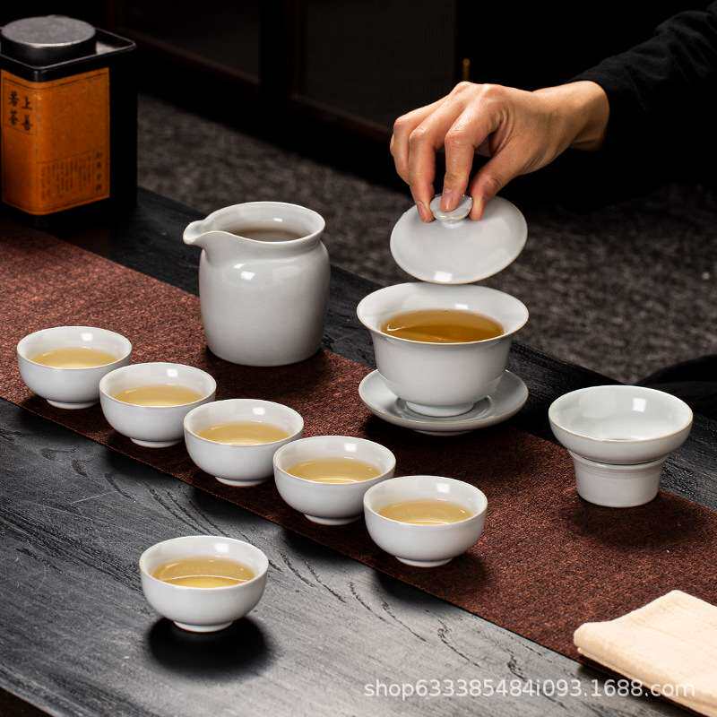 月白仿古汝窑茶具整套家用中式复古壶开片汝瓷茶壶盖碗茶道泡茶器