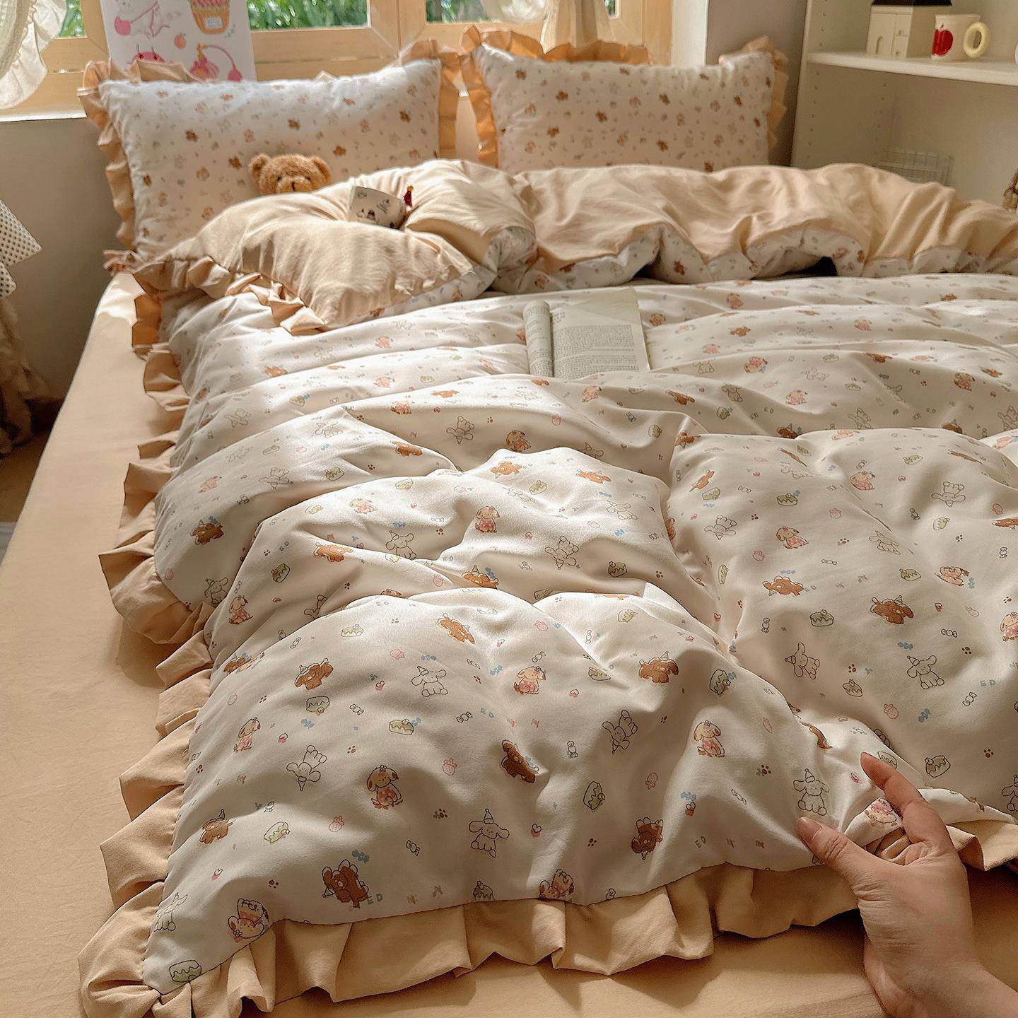 水洗棉双层纱床上四件套公主风亲肤被套针织棉床单水洗床品三件套