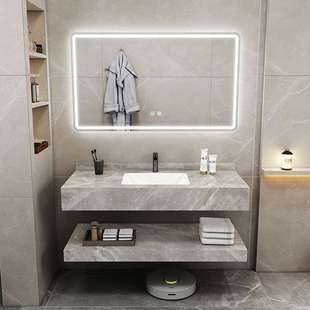 双层上下岩板无缝陶瓷盆卫生间洗漱台洗手池一体浴室柜组合智能镜