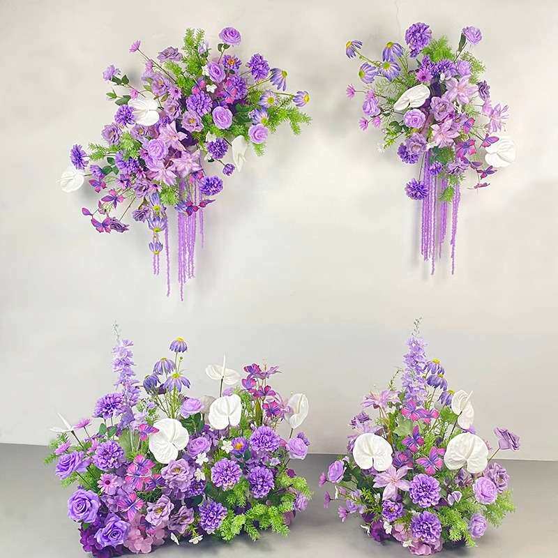 婚礼装饰紫色壁挂花艺 KT板墙面摄影背景布置仿真绢花挂花地排花