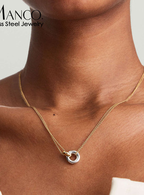 eManco双环相扣情侣锁骨链新款双色电镀项链几何圆形吊坠时尚颈链