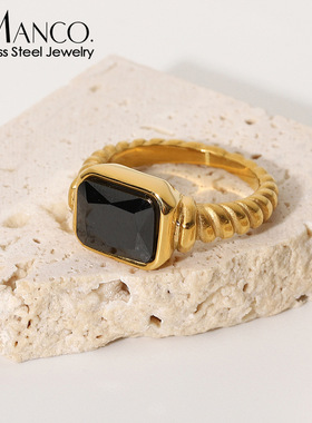 eManco法式黑金戒指复古矩形玻璃戒指女士羊角包扭曲螺旋戒指手饰