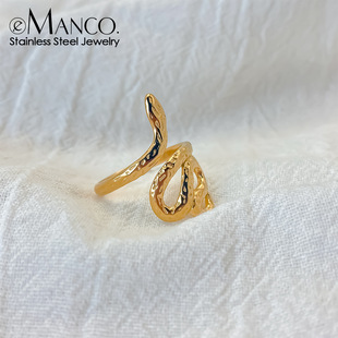 eManco法式复古蛇形戒指锤纹小蛇开口可调节女真空电镀18K金指环